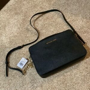 Michael Kors Jet Crossbody Black Bag with Gold Chain